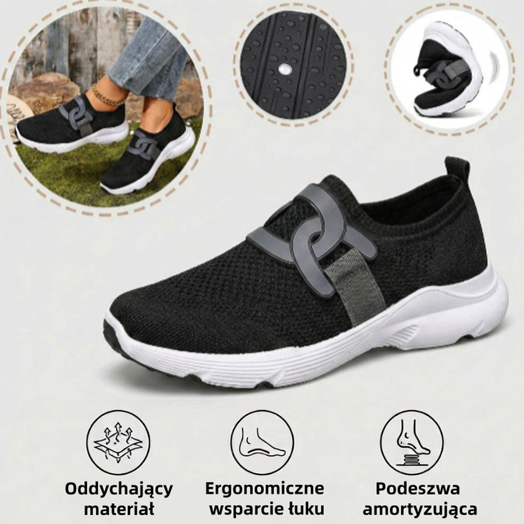 Ortopedyczne buty sportowe z siatki: z podparciem łuku stopy łagodzącym ból; miękkie wyściełanie.