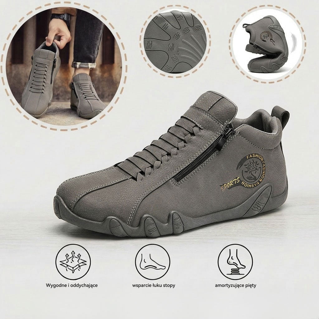 Wygodne buty ortopedyczne – ergonomiczne podparcie łuku stopy, łagodzące ból, szeroki krój, który nie uciska stóp.