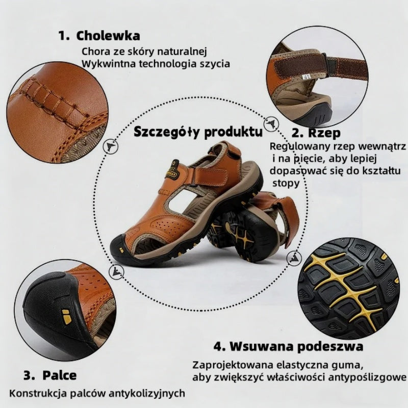 【⏰50% zniżki dzisiaj - Nie przegap!】Nowe wygodne skórzane sandały z 2026 roku✅ Szerokie palce + Regulacja na rzep + Wytrzymała, antypoślizgowa podeszwa + 🔴Wielopunktowe wsparcie łuku stopy