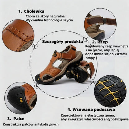【⏰50% zniżki dzisiaj - Nie przegap!】Nowe wygodne skórzane sandały z 2026 roku✅ Szerokie palce + Regulacja na rzep + Wytrzymała, antypoślizgowa podeszwa + 🔴Wielopunktowe wsparcie łuku stopy