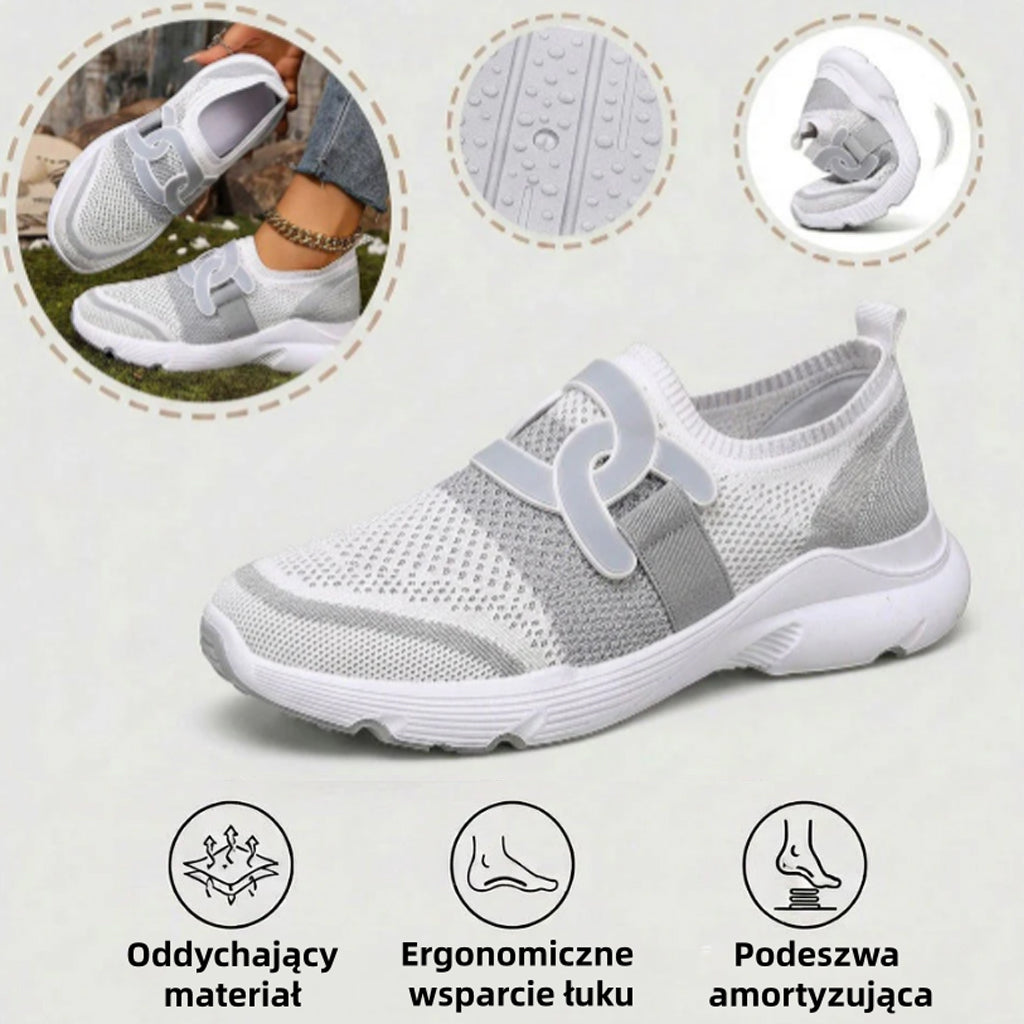 Ortopedyczne buty sportowe z siatki: z podparciem łuku stopy łagodzącym ból; miękkie wyściełanie.